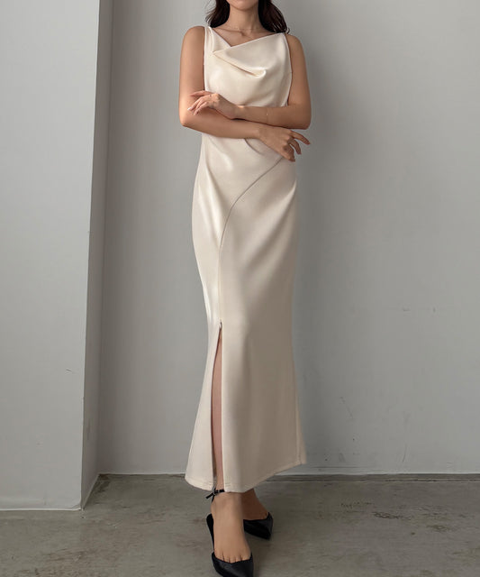 【626】ドレープ前ファスナースリットキャミワンピース【一部ぺチスカートセット】