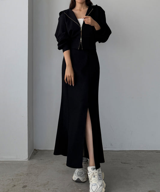 【622】ポンチショートパーカー+スリットマーメイドスカートSET