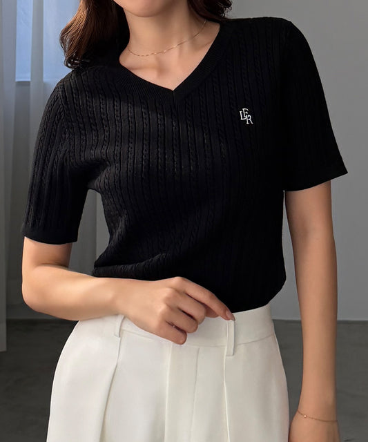 【695】Vネックロゴ刺繍半袖ケーブルニットトップス