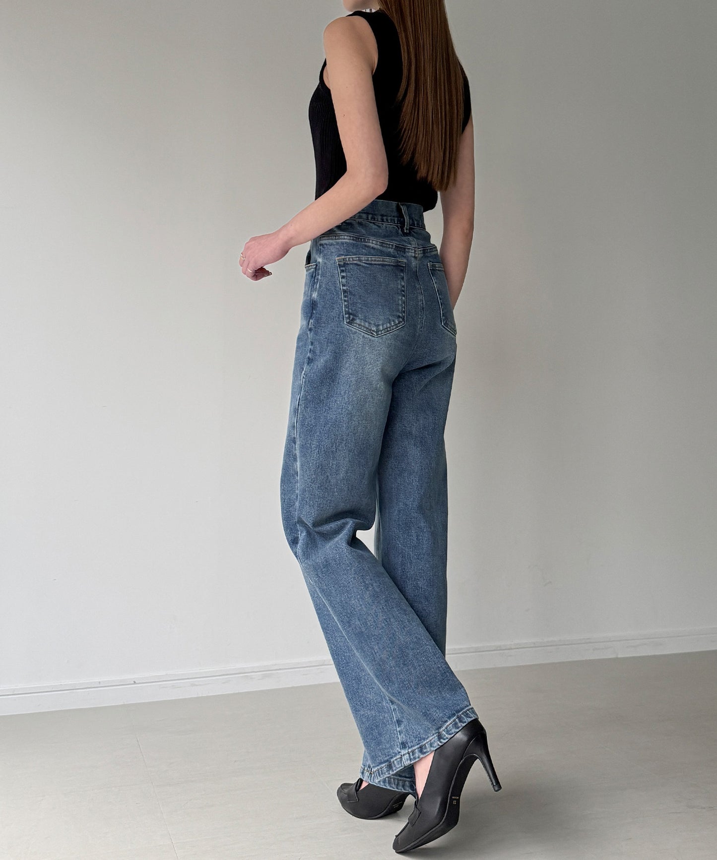 【643】ストレッチハイウエストストレートデニムパンツ[高身長サイズST有り]
