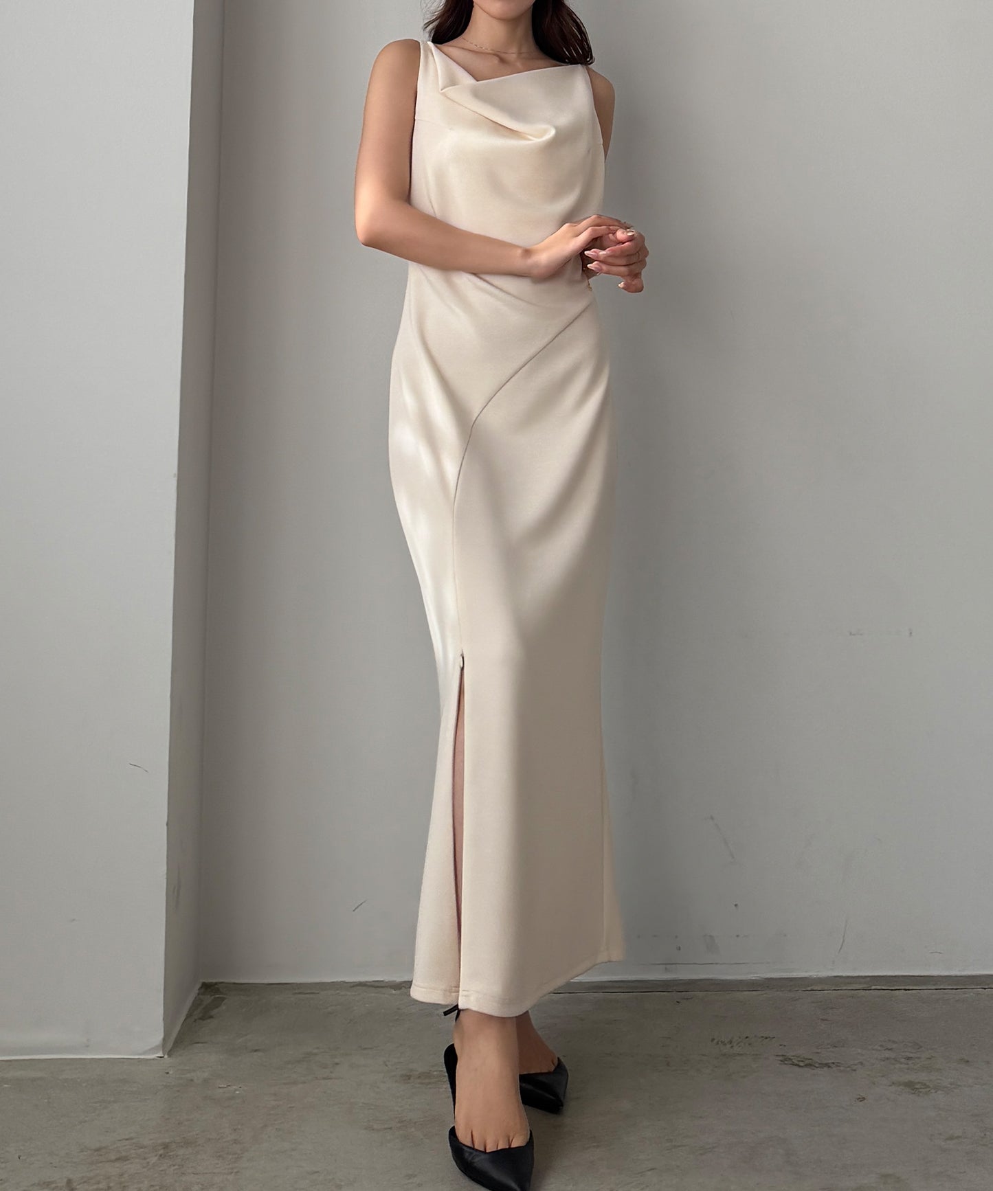 【626】ドレープ前ファスナースリットキャミワンピース【一部ぺチスカートセット】